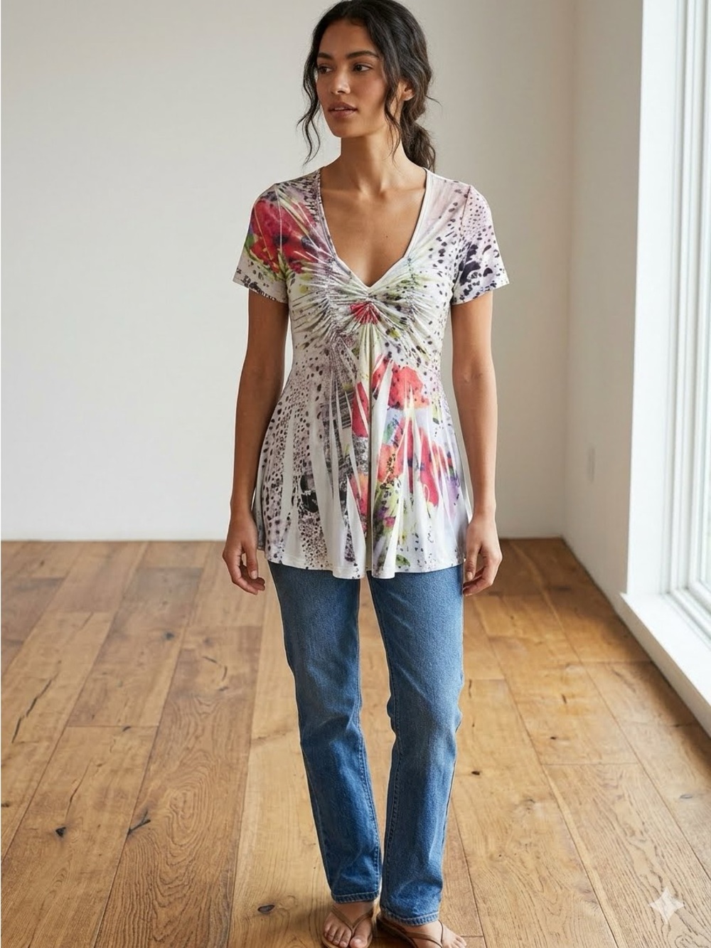 Reina Vintage Y2K Ruched Babydoll Tunic Top Graphic Print Mixed Animal Floral